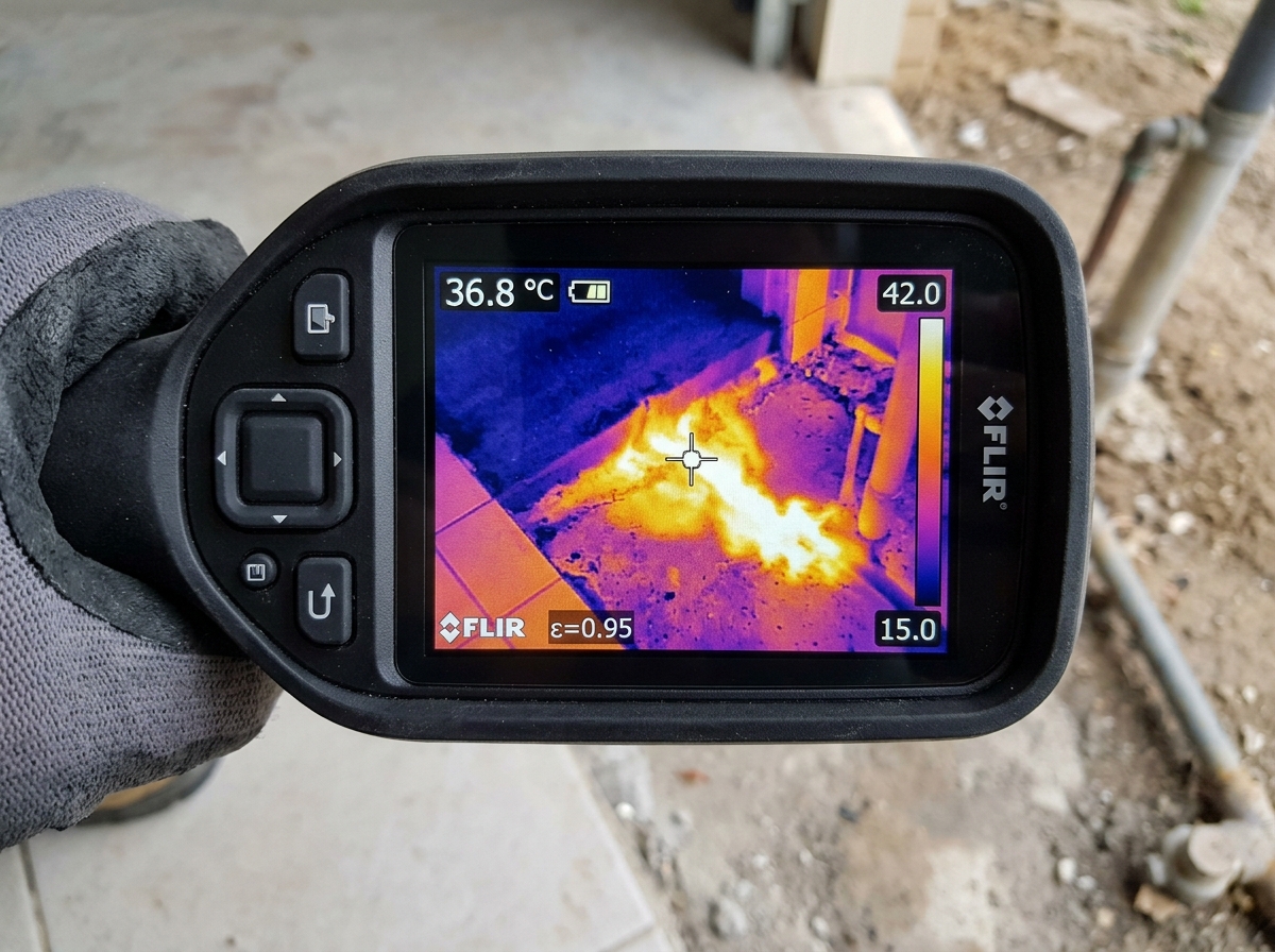 Thermal imaging scan highlighting sub-slab hot water line rupture underneath residential tile in Fort Myers FL