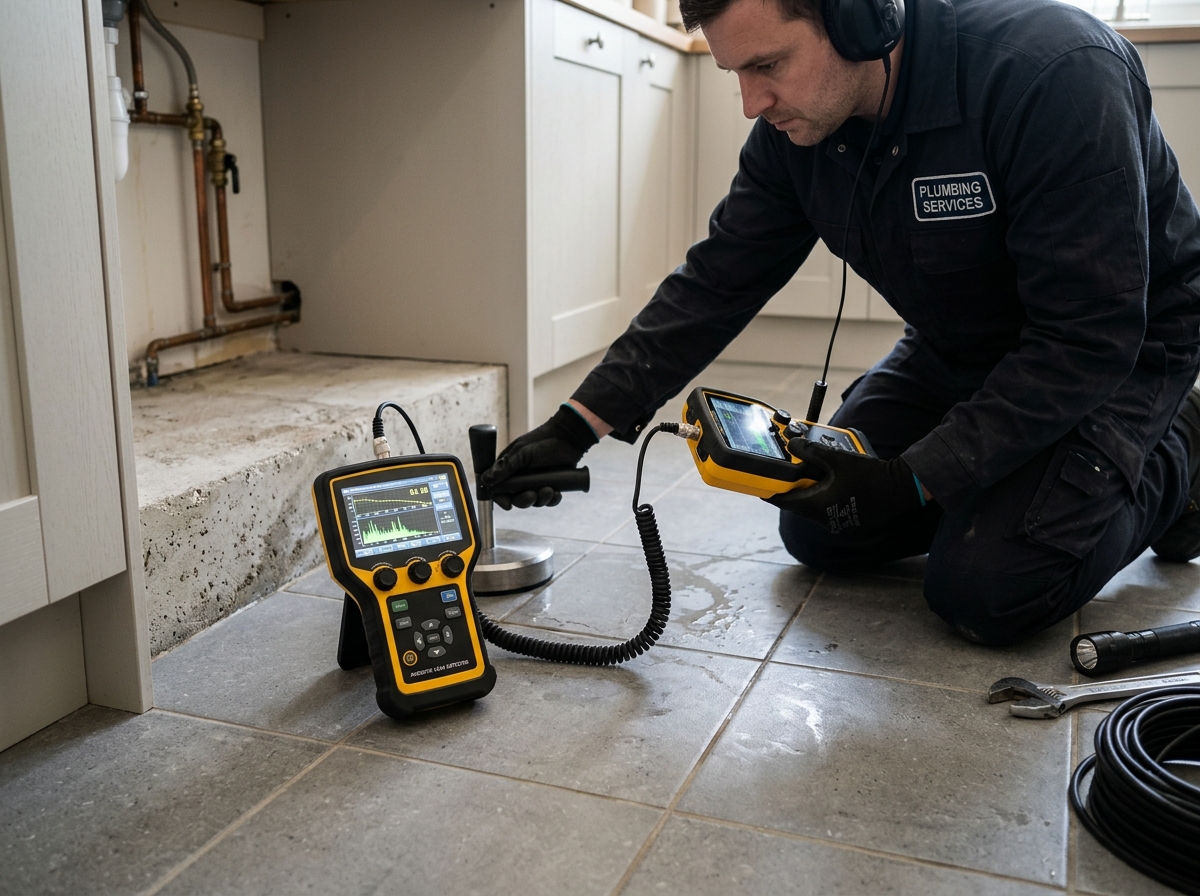 Acoustic electronic leak detection equipment being used across concrete tile flooring in Fort Myers FL